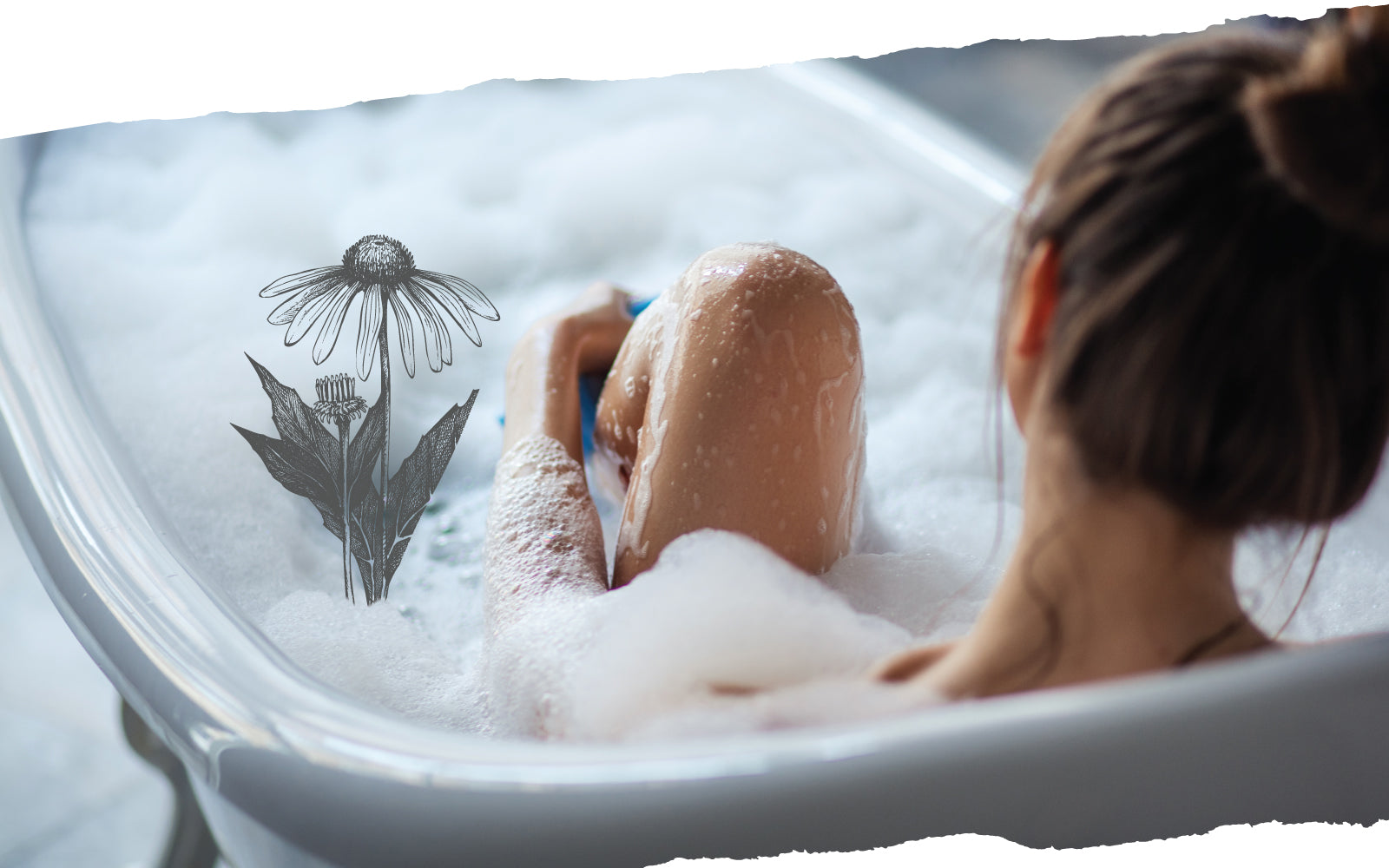 Woman in bathtub one knee out of the water, with floral frame and flower image overlay.