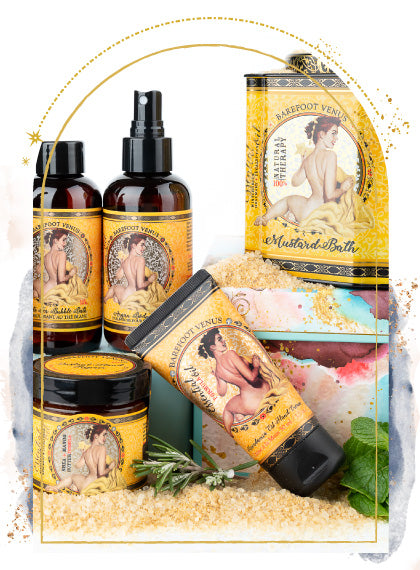 Collection of Barefoot Venus products with yellow vintage labels surrounded by a decorative frame.