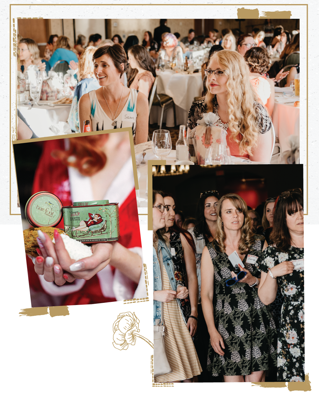 Collage of images of women at function put on by Grassroots for Autism Initiatives and Barefoot Venus Ginger Snap Bath Soak held in person's hands. Decorative frame on collage.