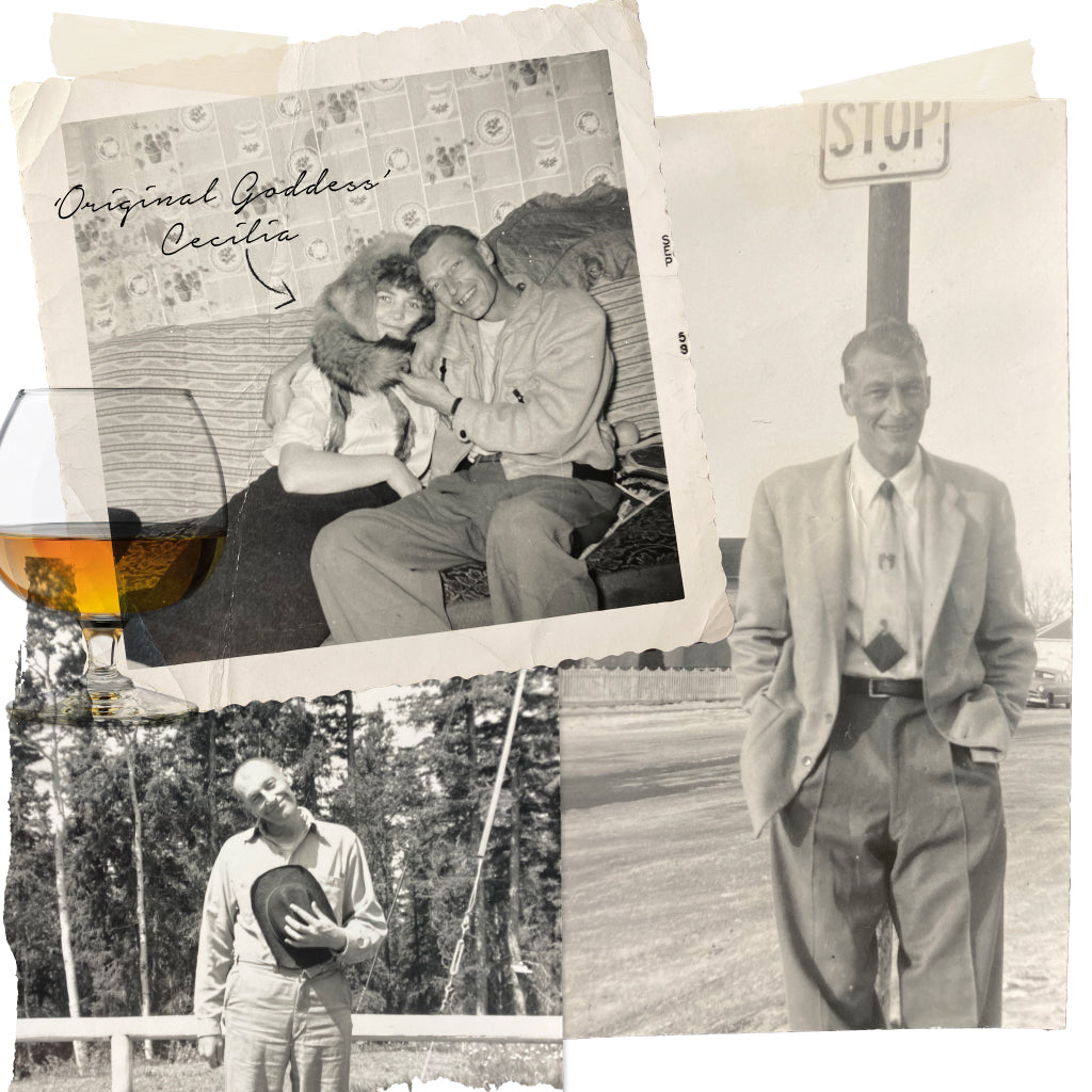 Collage of Barefoot Venus's mother and father hugging with text that reads "Original Goddess Cecilia" and an arrow pointing at mother, father holding hat smiling with head turned sideways and father standing in suit and tie smiling, image overlay of orange liquid in glass.