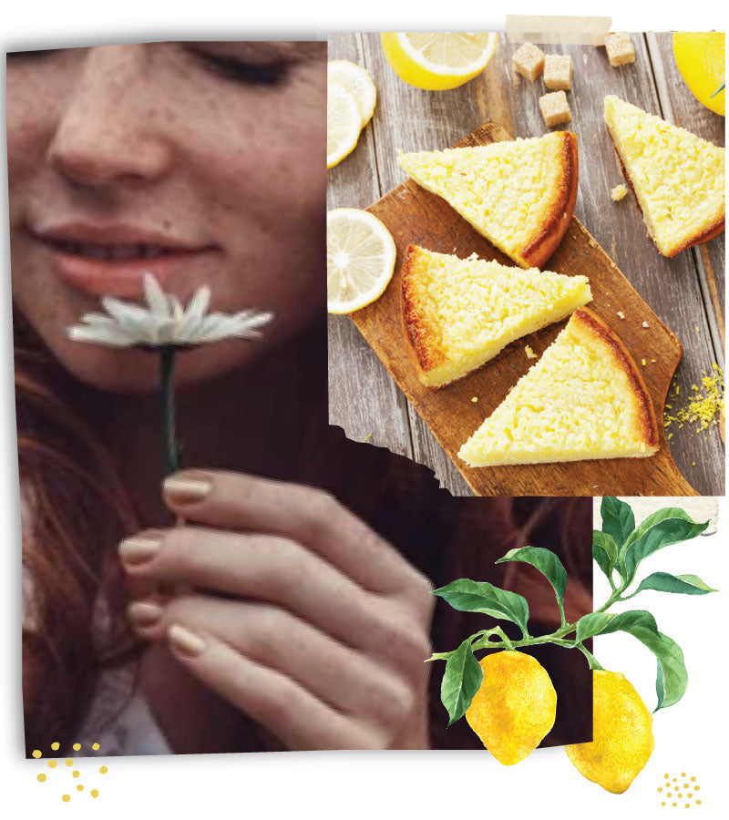 Collage of images of a woman holding a white flower, lemon crumble pie slices staggered on cutting board with lemons and brown sugar cubes, and a lemon branch with fruit hanging.