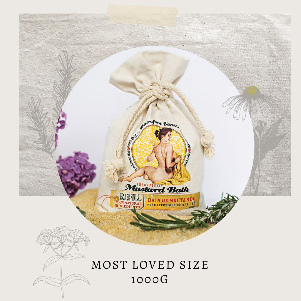 Bag of Barefoot Venus Mustard Bath Soak refill with a decorative frame and text that reads 'Most loved size 1000G'.