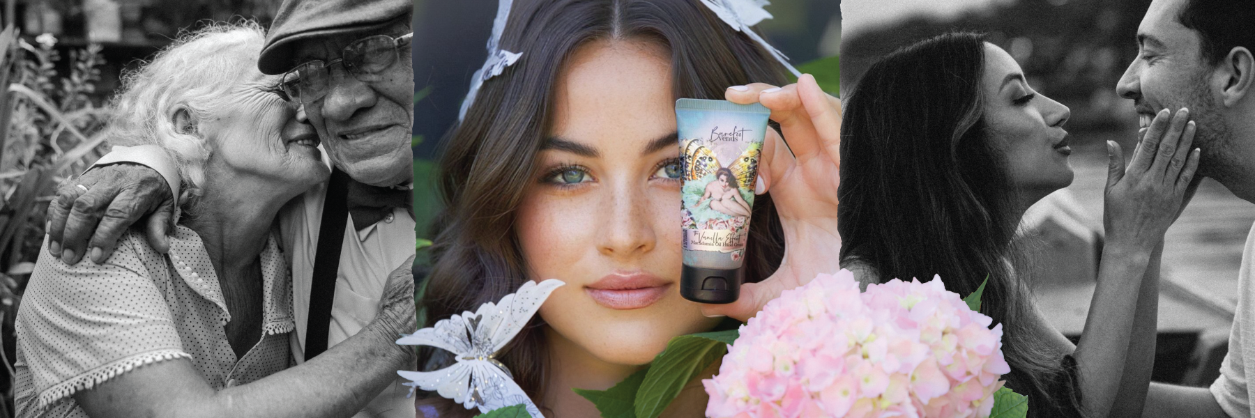 Woman holding a skincare product with a collage of romantic and casual moments in the background.