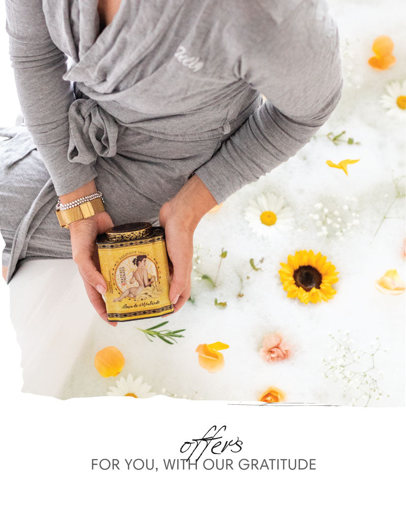 Offers title with subtitle "For you, with our gratitude" and woman holding bath soak tin above bathtub full of flowers