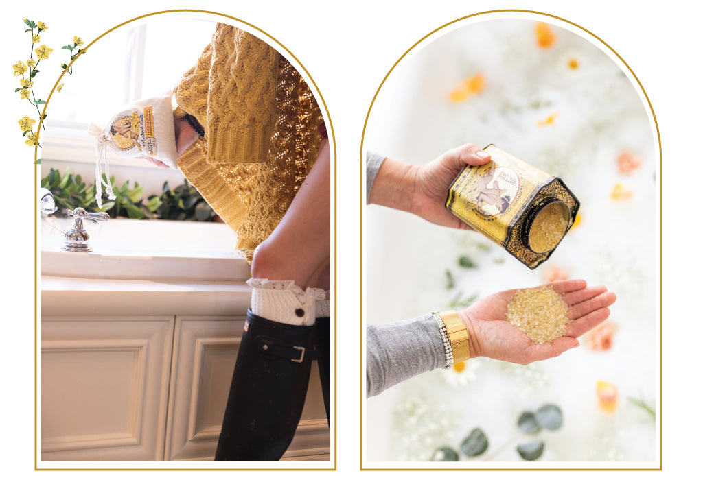 Person holding a bag of Barefoot Venus 100% Natural Mustard Bath above bathtub and image beside is person pouring bath soak into their hand above a bathtub filled with water and bubbles.