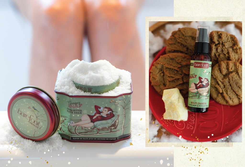 Barefoot Venus ginger snap bath soak tin and multi-tasker hand sanitizer on a plate with cookies.