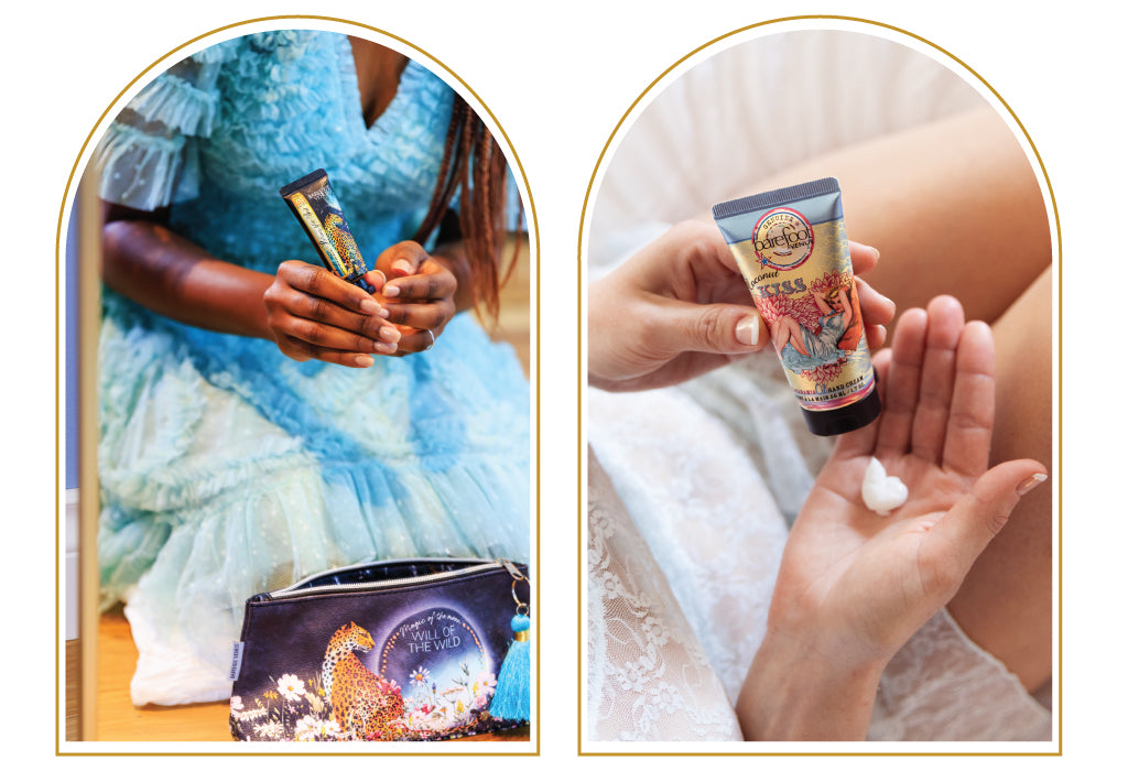 Two images showing a person holding a product from Barefoot Venus Midnight Muse Goddess Bag and another person applying BV Coconut Kiss hand cream to their hand with decorative frames.