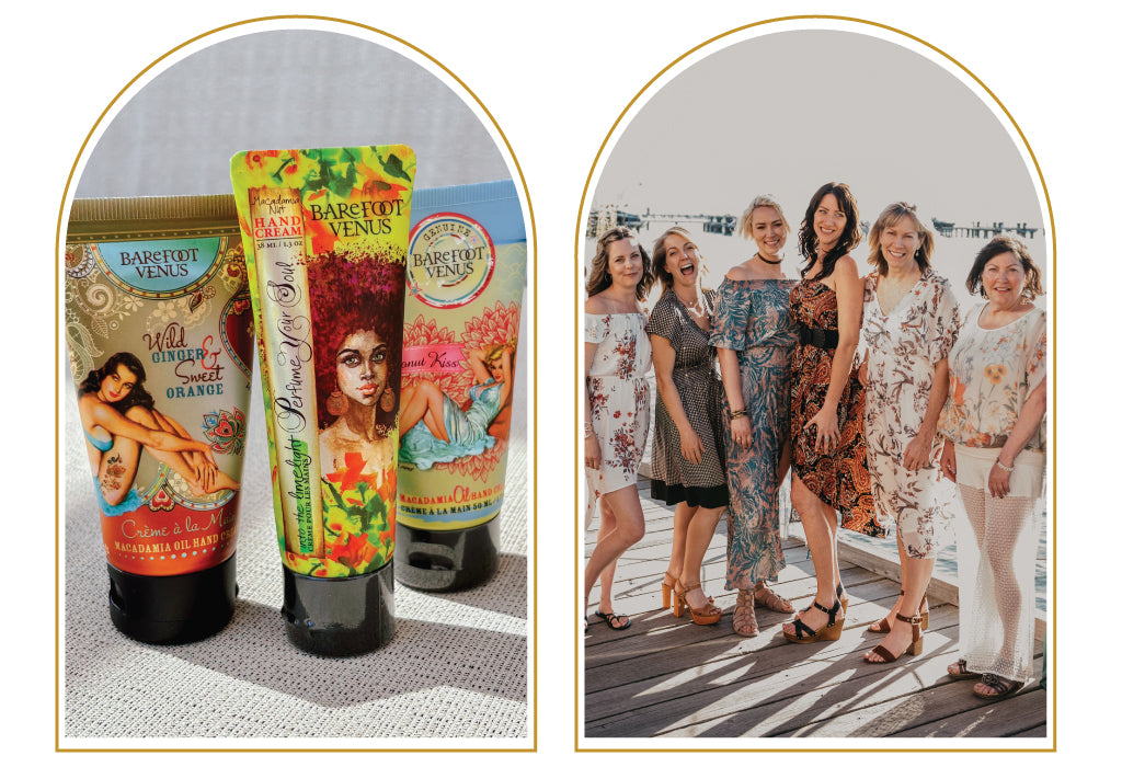 Two products with colorful packaging and a group of women standing together. with gold frames