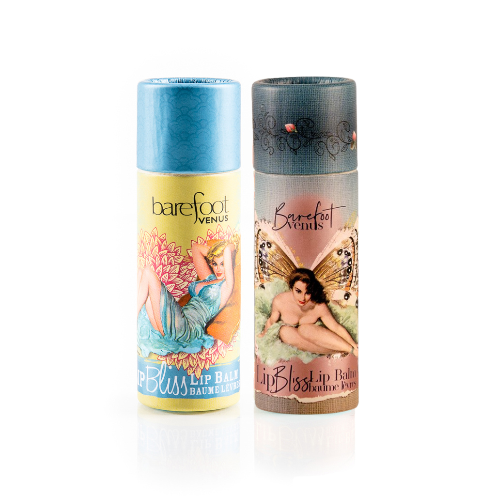 Two Barefoot Venus lip balm tubes in scents Coconut Kiss and The Vanilla Effect on a white background