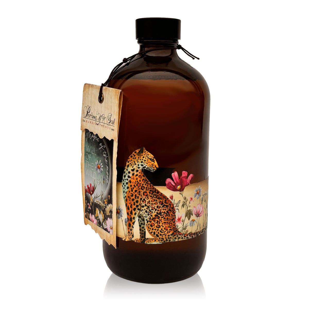Bottle with a decorative label featuring a leopard and floral design on a white background
