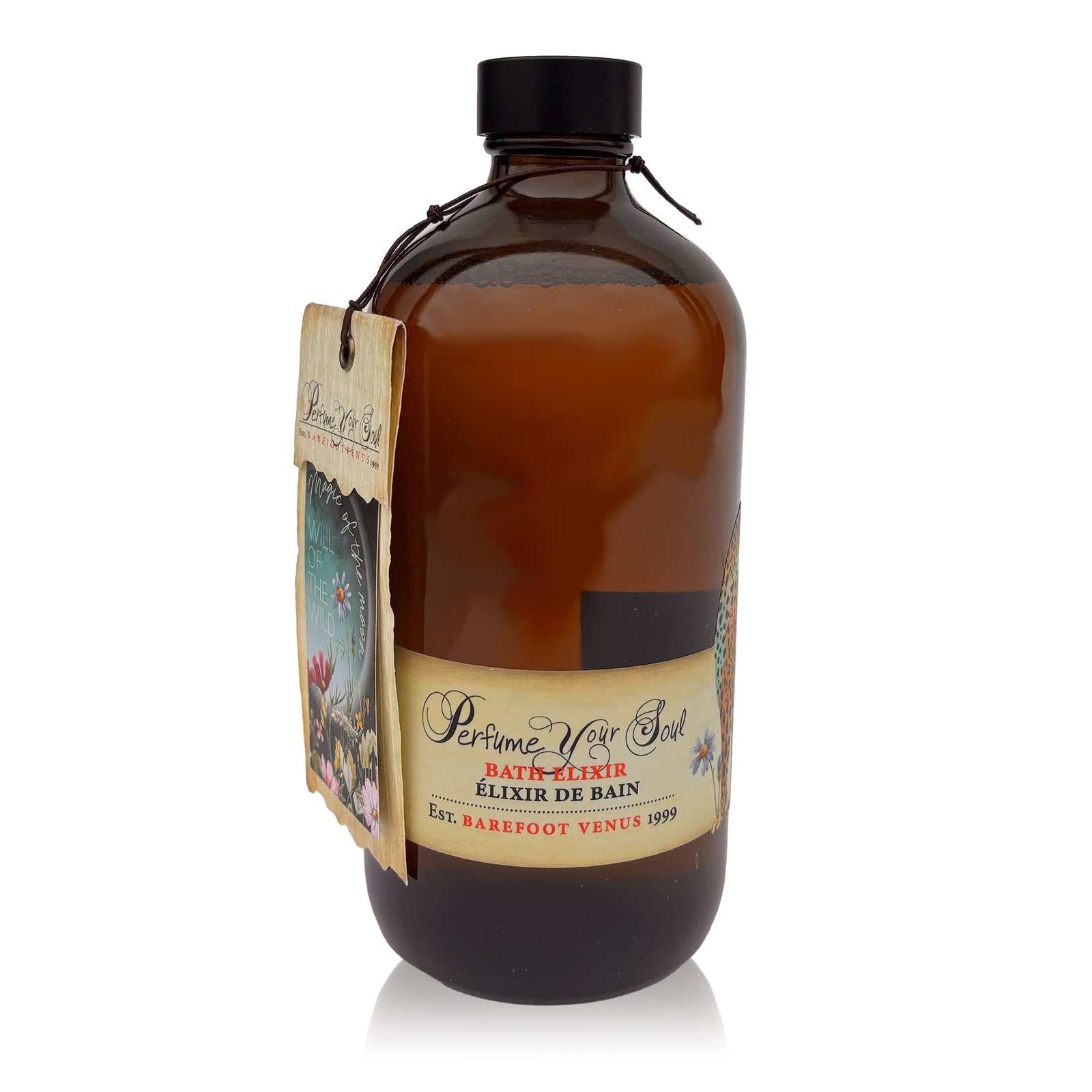 Bottle with a decorative label featuring a leopard and floral design on a white background