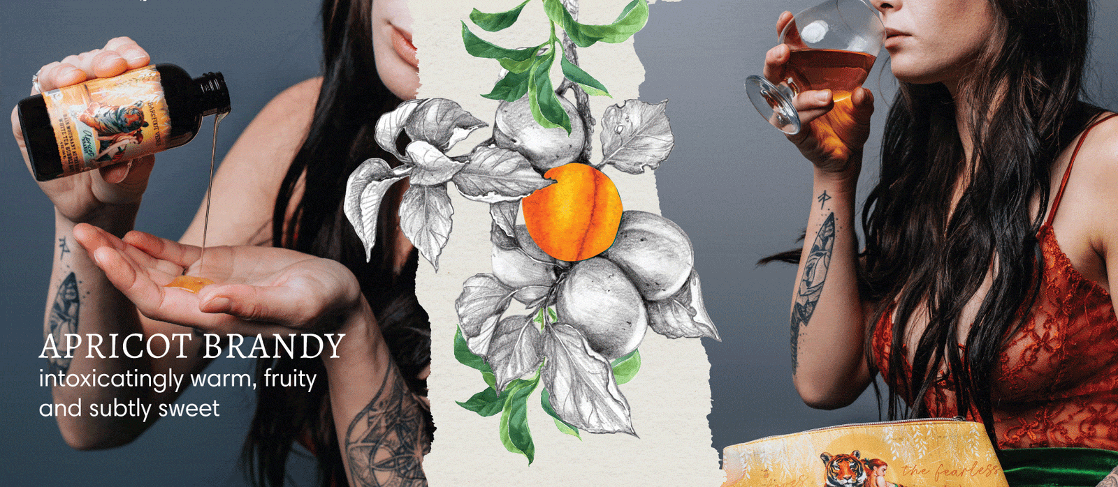 Two images side by side of a woman pouring Barefoot Venus Apricot Brandy bubble bath on her hand, then an animated gif of an apricot tree's branch between the images and a woman drinking an orange liquid. Text overlay reads "Apricot Brandy - intoxicatingly warm, fruity and subtly sweet".