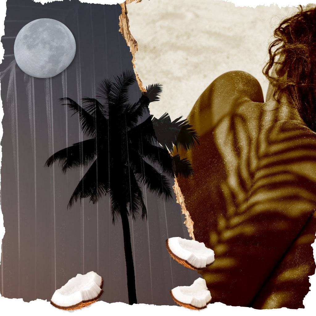 Collage of images including the moon, a palm tree, coconut pieces and a woman covered in sand with a shadow cast on her back.