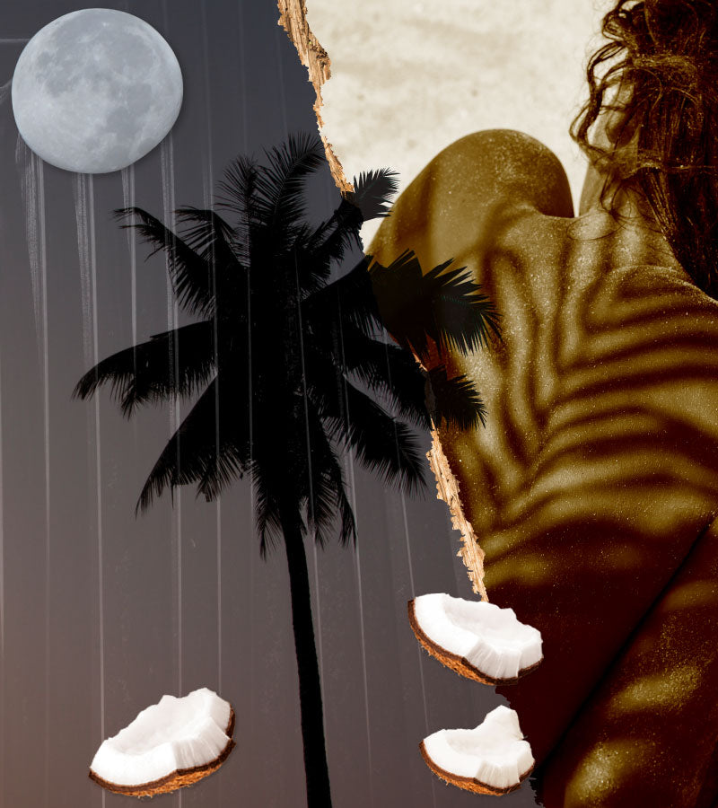 Collage of images including the moon, a palm tree, coconut pieces and a woman covered in sand with a shadow cast on her back.