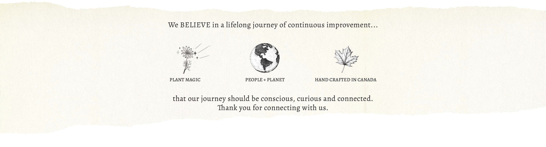 Three icons with text 'We love what we do and it's all thanks to you!', 'Plant Magic', 'People + Planet', and 'Made in Canada' on a white background.