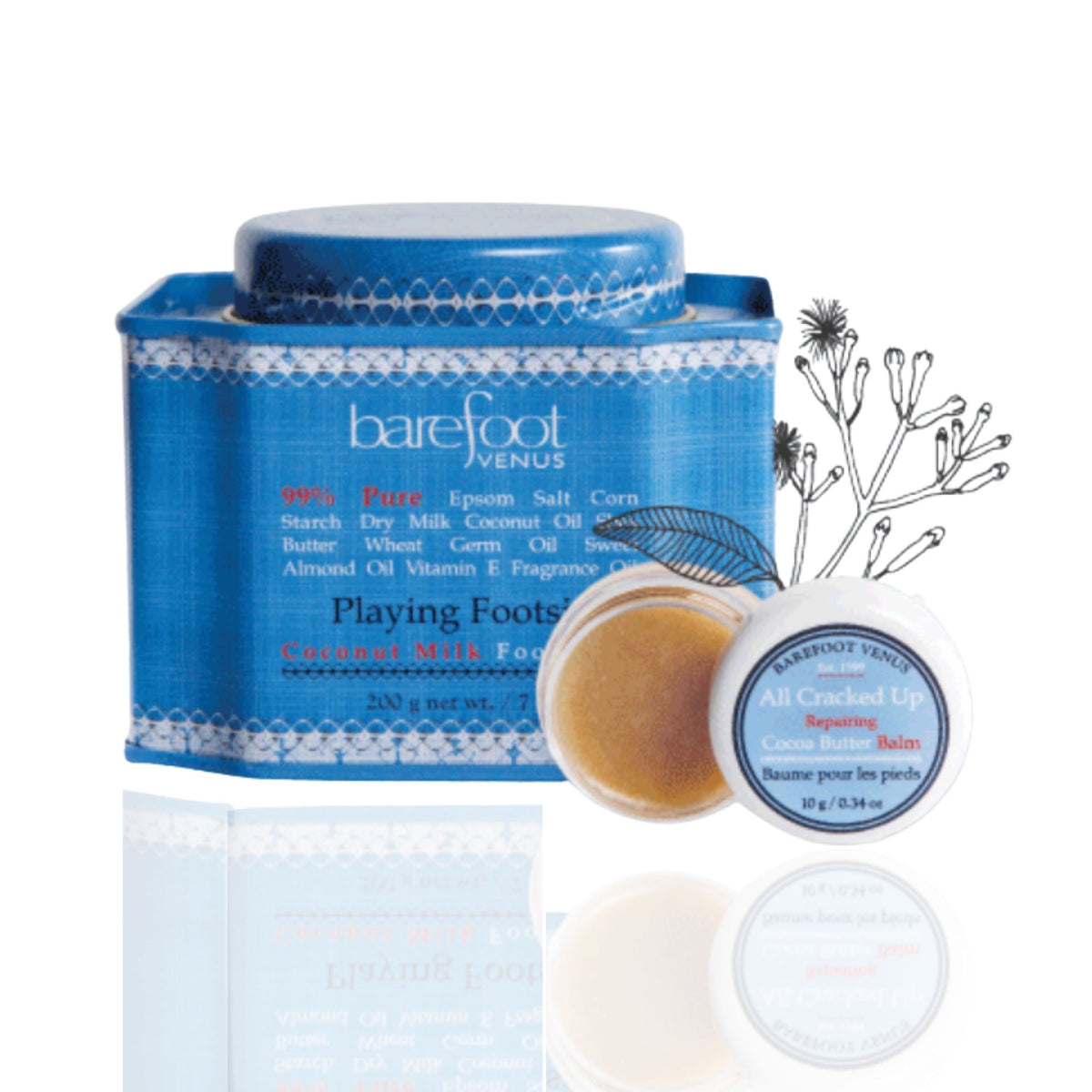 Barefoot Venus Playing Footsie and All Cracked Up foot balm on a white background