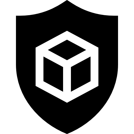 Black shield with a cube symbol in the center