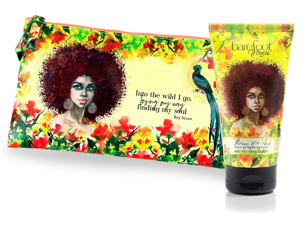 Barefoot Venus Apricot Brandy Vegan beauty bag depicting a woman leaning against a tiger with an orange background