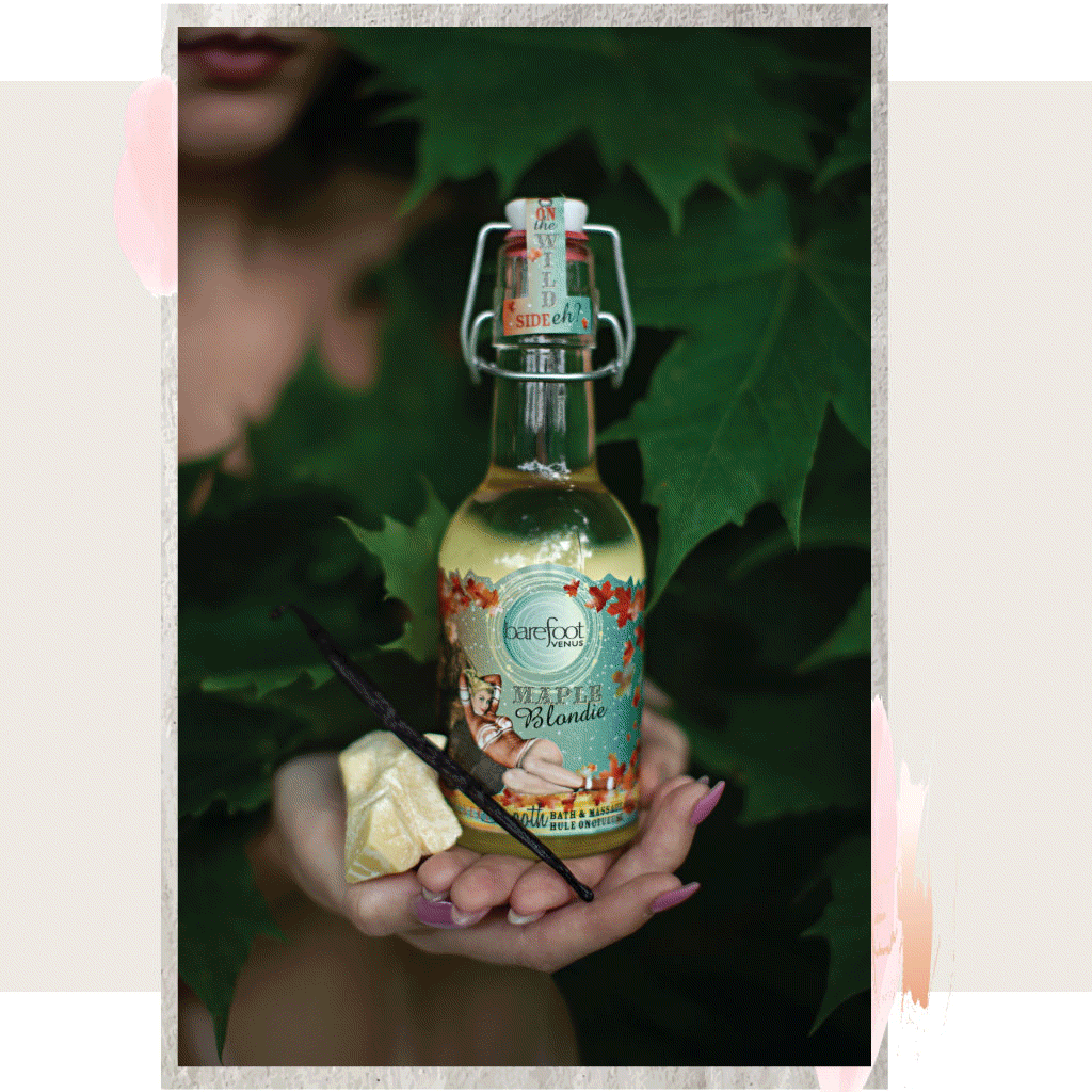 Animated gif of Barefoot Venus bath & massage oil and vanilla bean in hands with leafy background, pouring Barefoot Venus bath & massage oil into the bathtub, and hands giving a massage with oil. 