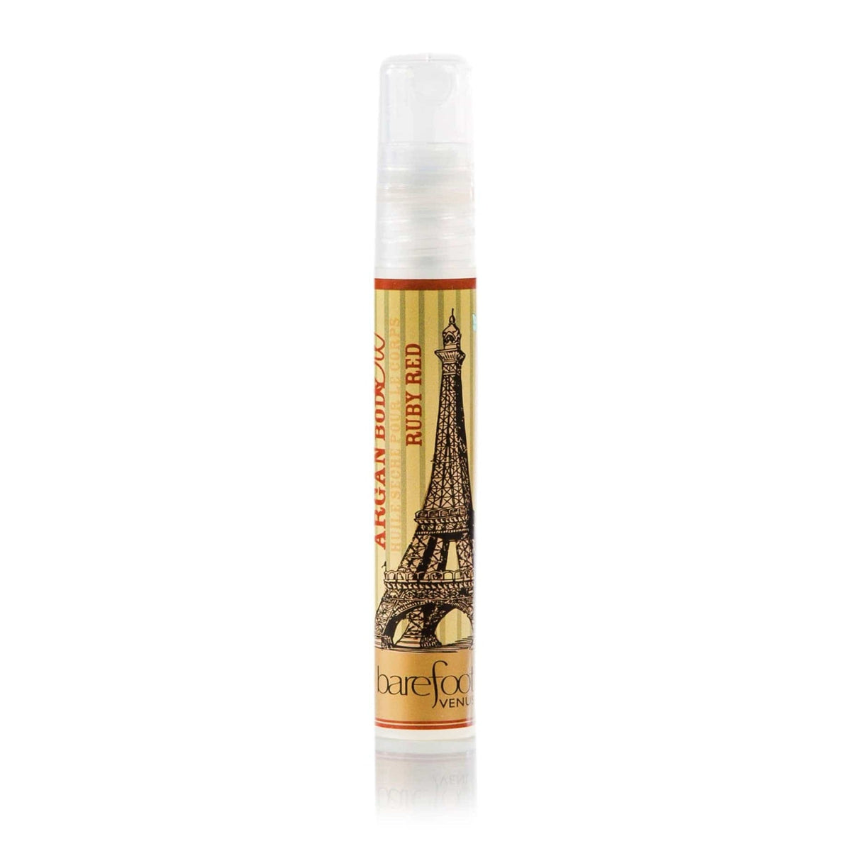 Argan body oil bottle with Eiffel Tower design on a white background