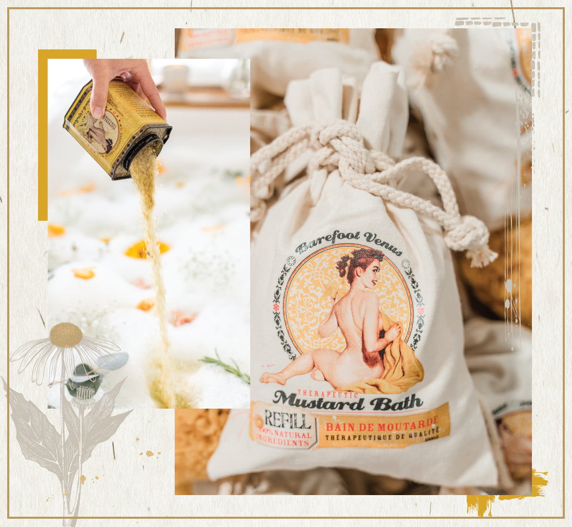 Collage of person pouring Barefoot Venus 100% Natural Mustard Bath into water with bubbles and flowers, and bag of Barefoot Venus 100% Natural Mustard Bath refill product with flower graphic overlay and decorative frame. 