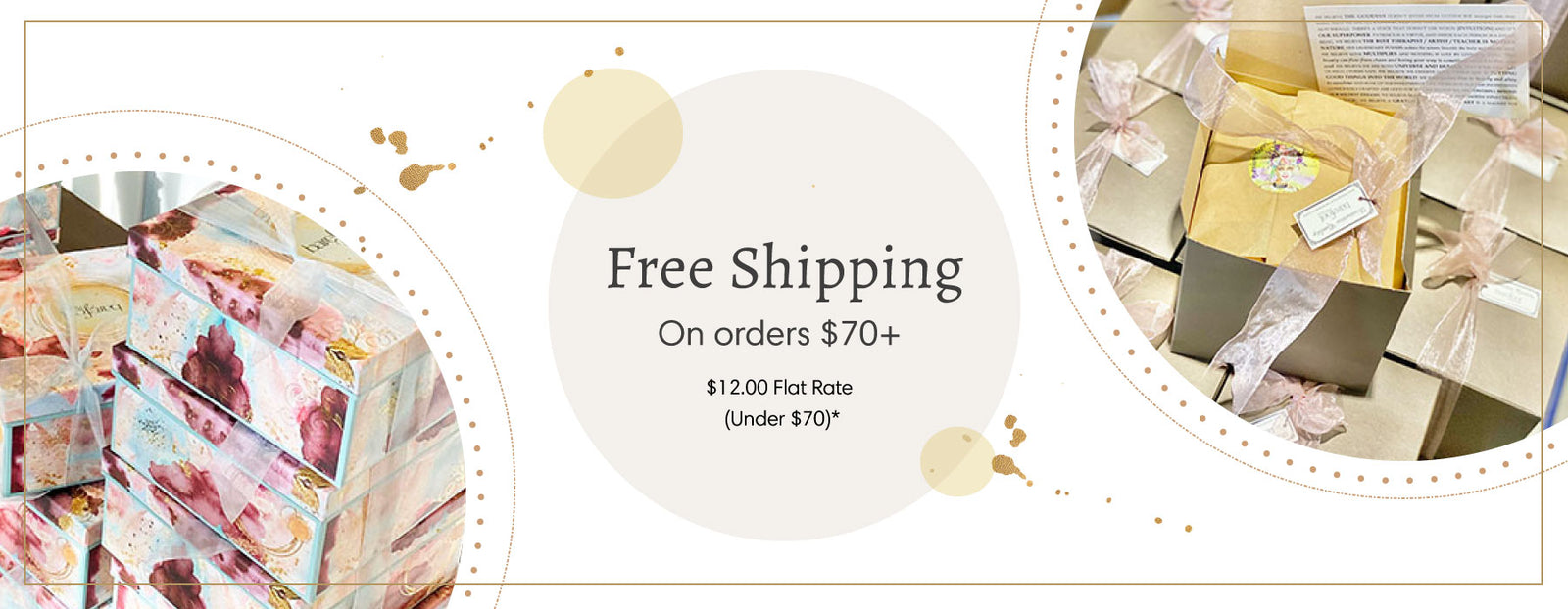 Two images of Barefoot Venus packaging of products with decorative frames and text that reads "Free Shipping on orders $70+ - $12.00 Flat Rate (Under $70)*".