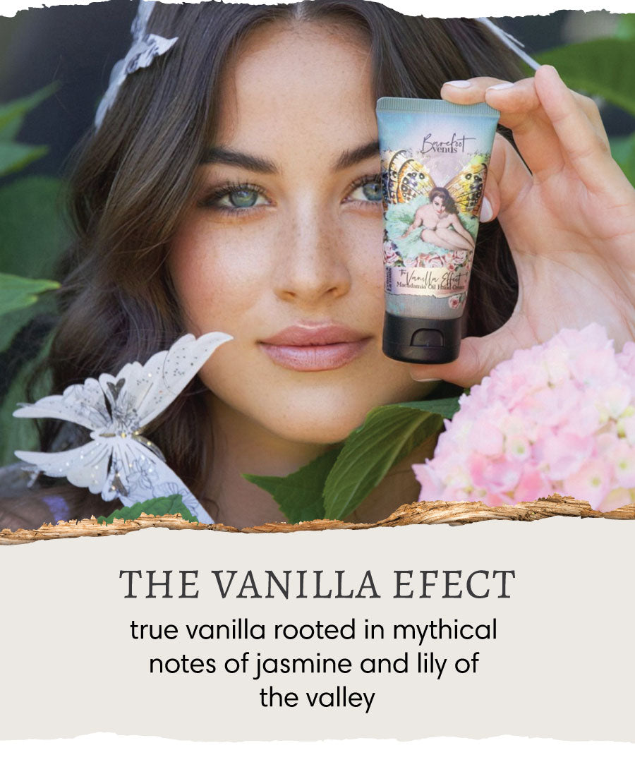 Woman with leafy background holding Barefoot Venus The Vanilla Effect hand cream in front of her face. Background has overlay of astrology chart and text that reads "The Vanilla Effect - true vanilla rooted in mythical notes of jasmine and lily of the valley".