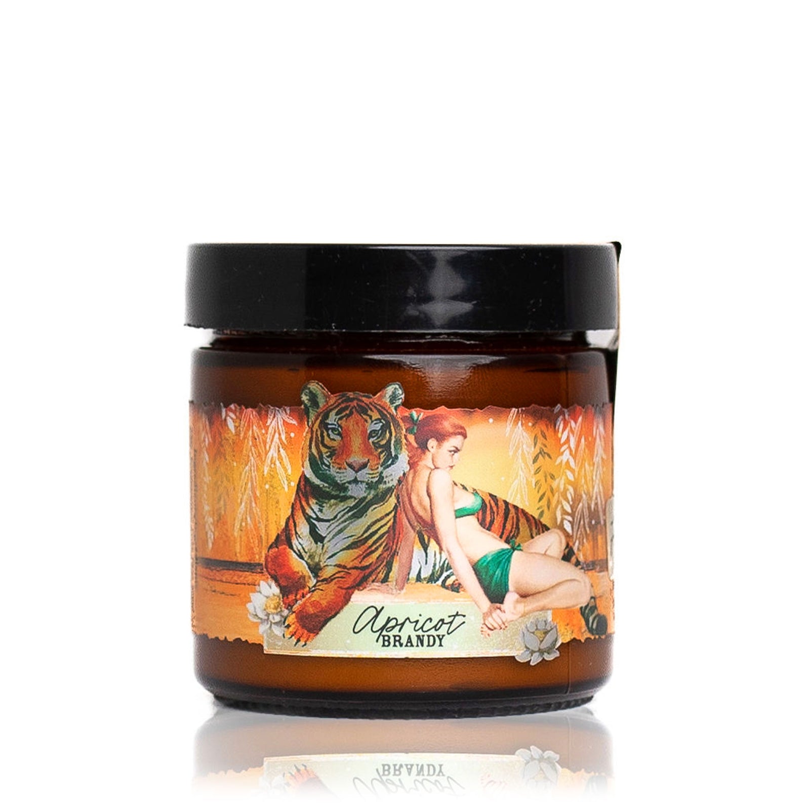 A person holding a jar of Apricot Brandy instant hand repair with a label featuring illustrations of a tiger and woman.