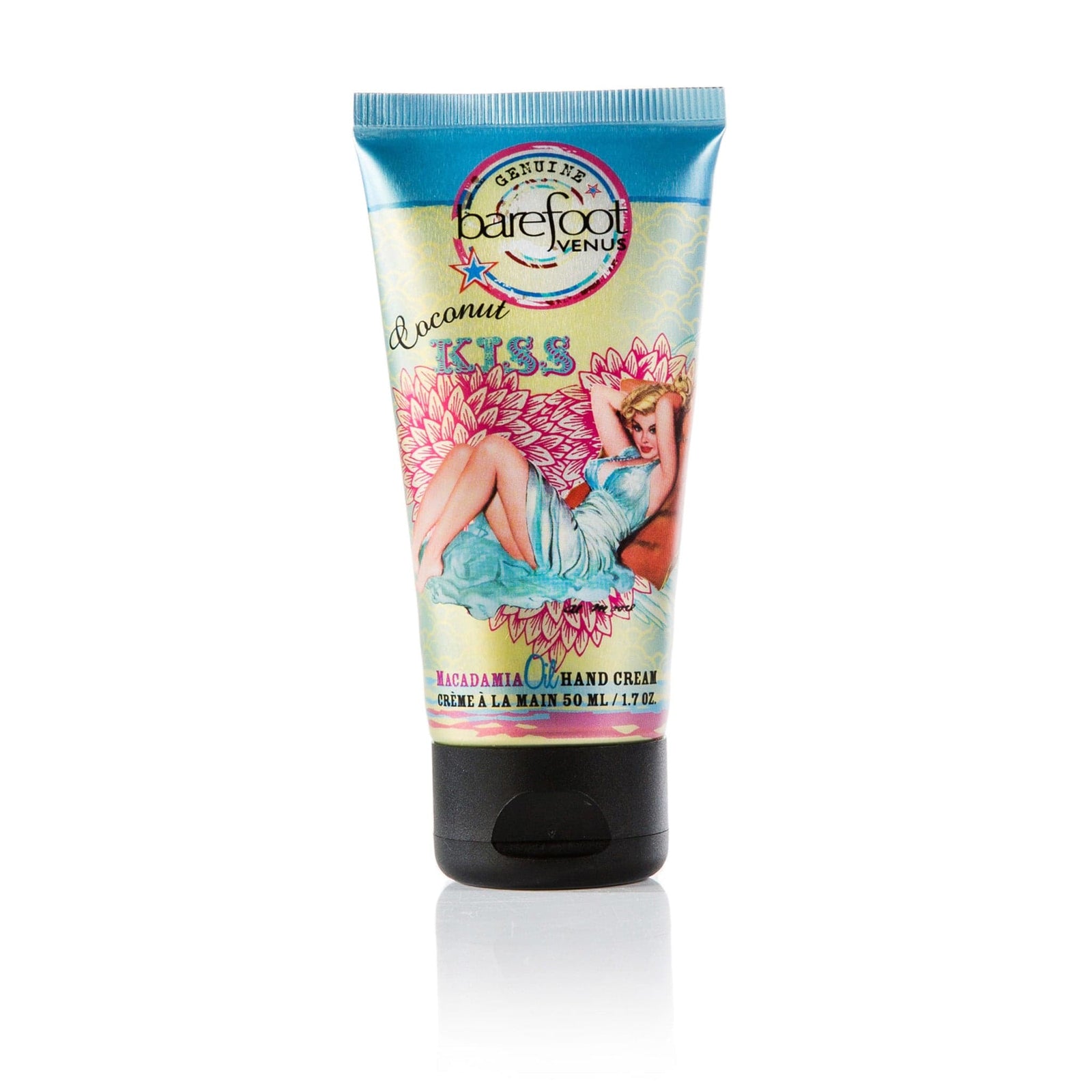 Tube of Barefoot Venus Coconut Kiss hand cream featuring a woman in a blue dress with a floral background design on a white background.